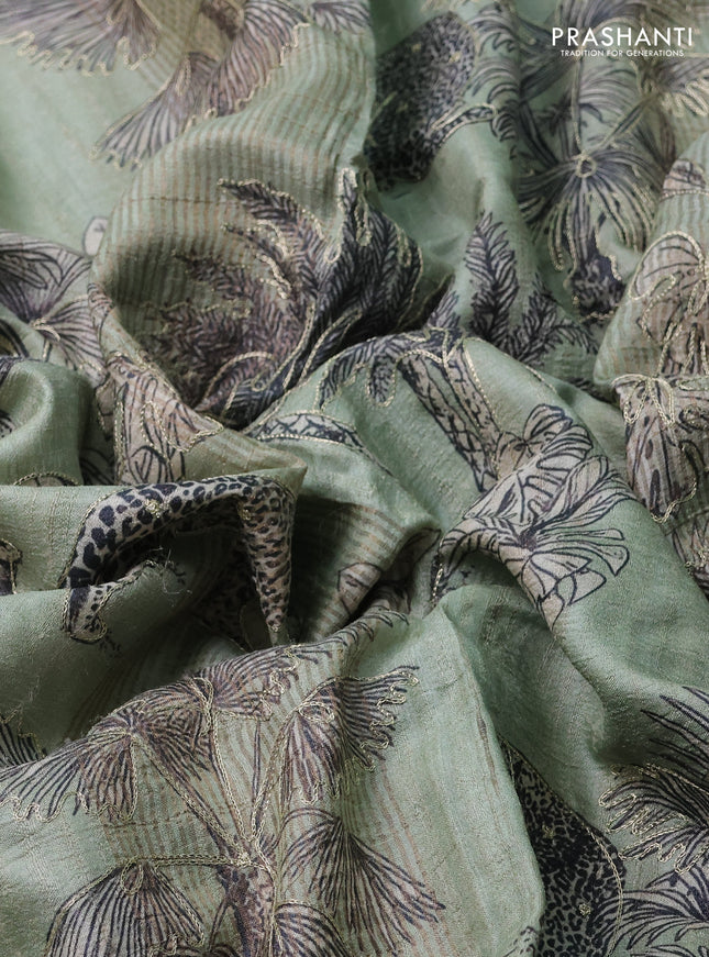 Pure tussar silk saree pastel green and green with allover prints & pita work and zari woven border