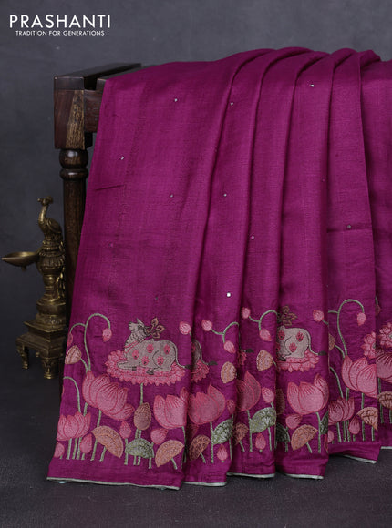 Pure tussar silk saree dark magenta pink and pastel green with mirror embroidey work and pichwai embroidery work border