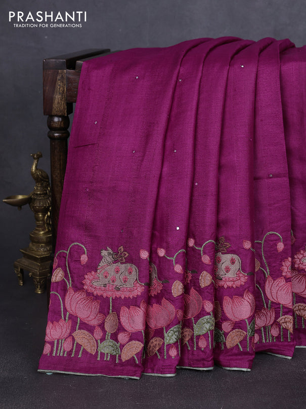Pure tussar silk saree dark magenta pink and pastel green with mirror embroidey work and pichwai embroidery work border