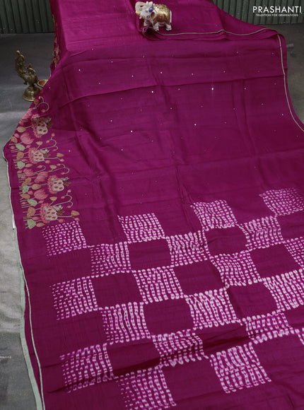 Pure tussar silk saree dark magenta pink and pastel green with mirror embroidey work and pichwai embroidery work border
