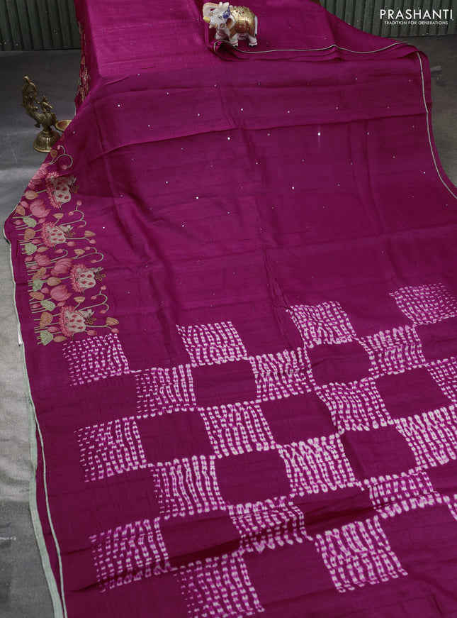 Pure tussar silk saree dark magenta pink and pastel green with mirror embroidey work and pichwai embroidery work border