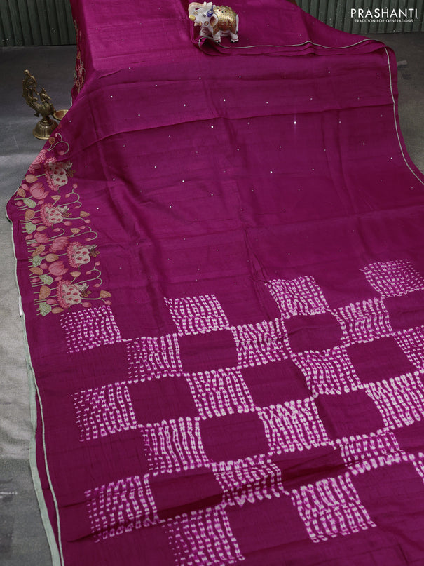 Pure tussar silk saree dark magenta pink and pastel green with mirror embroidey work and pichwai embroidery work border
