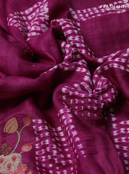 Pure tussar silk saree dark magenta pink and pastel green with mirror embroidey work and pichwai embroidery work border