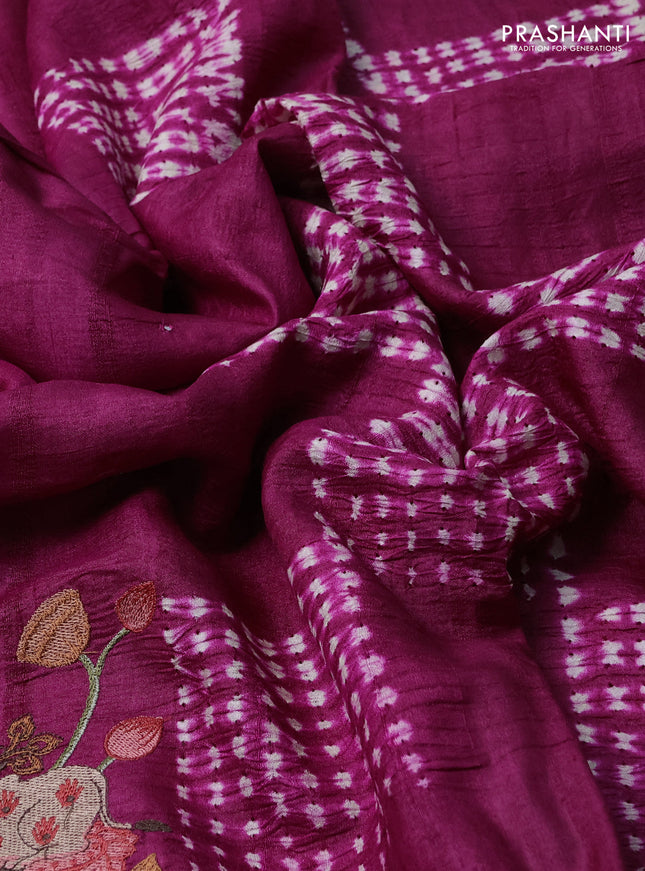 Pure tussar silk saree dark magenta pink and pastel green with mirror embroidey work and pichwai embroidery work border