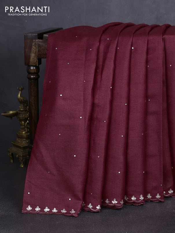 Pure tussar silk saree rustic brown with mirror embroidey work and embroidery work pallu