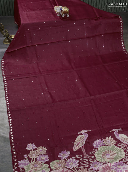 Pure tussar silk saree rustic brown with mirror embroidey work and embroidery work pallu