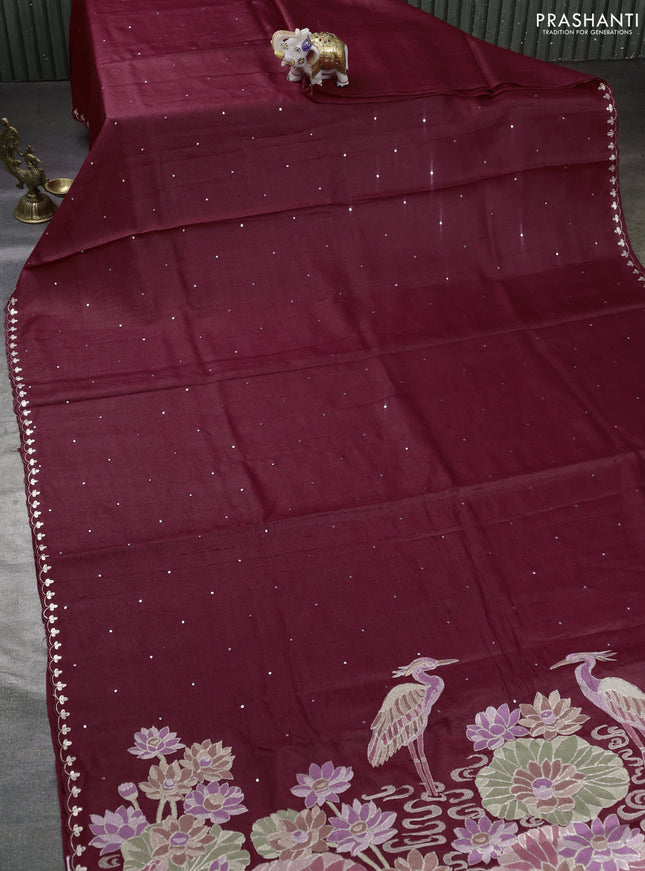 Pure tussar silk saree rustic brown with mirror embroidey work and embroidery work pallu