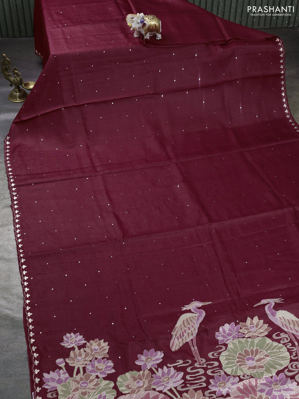 Pure tussar silk saree rustic brown with mirror embroidey work and embroidery work pallu