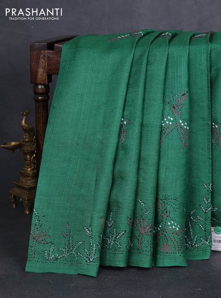 Pure tussar silk saree green with kantha stitch work buttas and kantha stitch work border