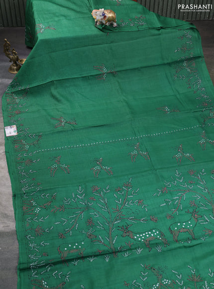 Pure tussar silk saree green with kantha stitch work buttas and kantha stitch work border