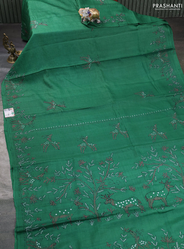 Pure tussar silk saree green with kantha stitch work buttas and kantha stitch work border