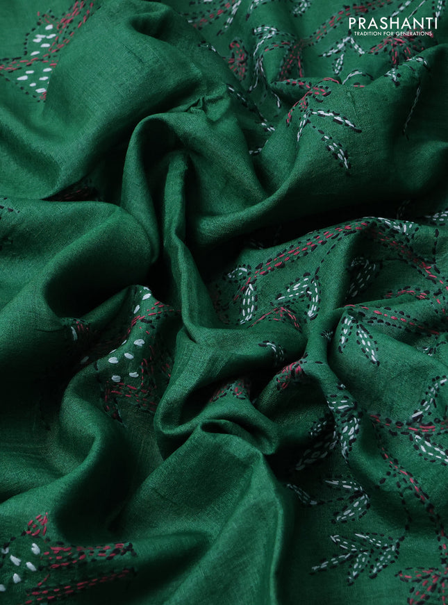 Pure tussar silk saree green with kantha stitch work buttas and kantha stitch work border