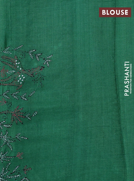 Pure tussar silk saree green with kantha stitch work buttas and kantha stitch work border