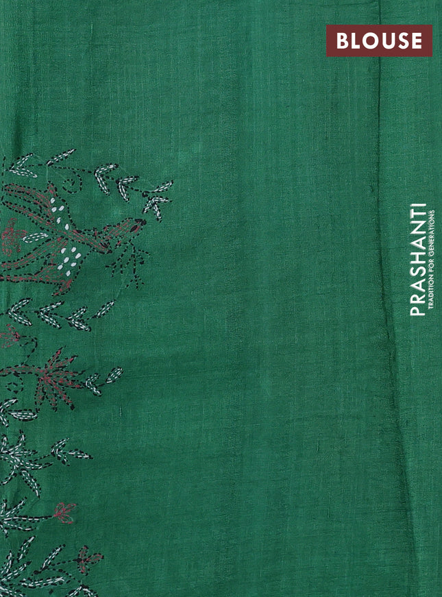 Pure tussar silk saree green with kantha stitch work buttas and kantha stitch work border