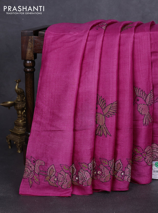 Pure tussar silk saree pink with kantha stitch work buttas and kantha stitch work border