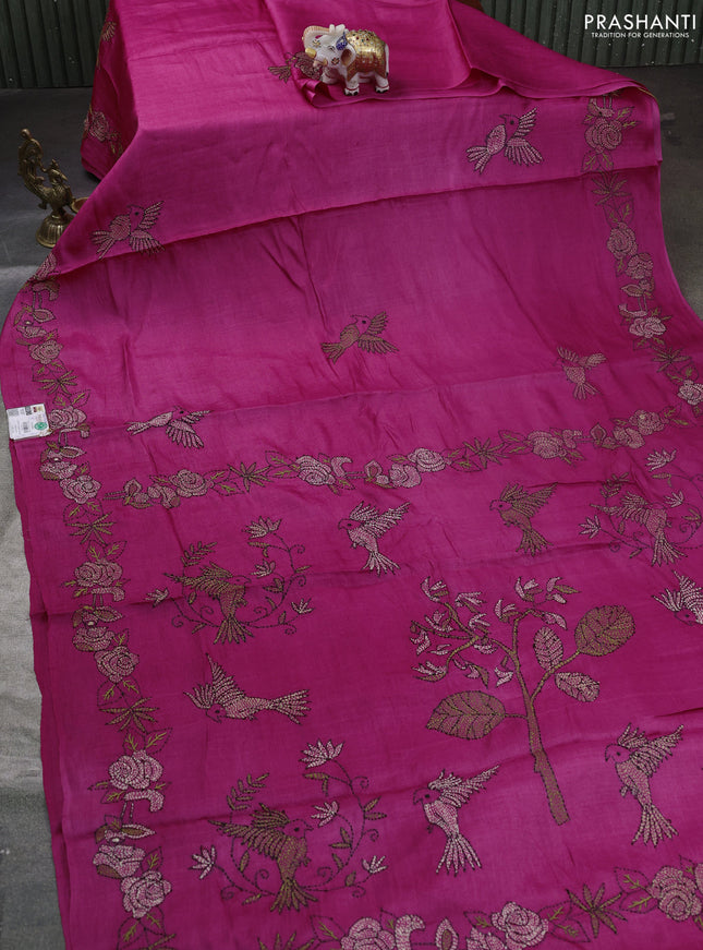 Pure tussar silk saree pink with kantha stitch work buttas and kantha stitch work border