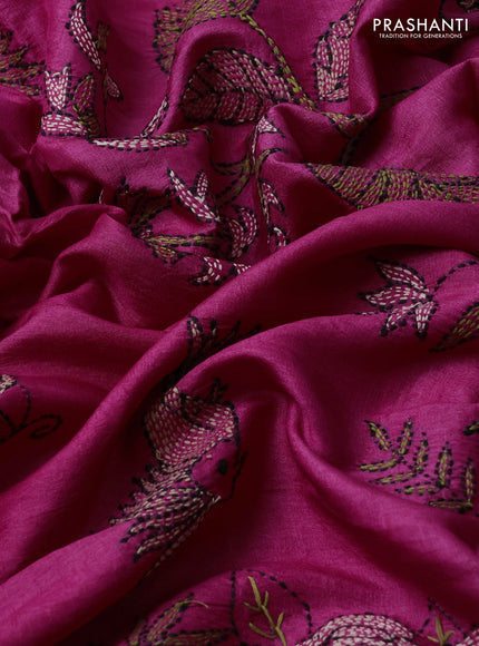 Pure tussar silk saree pink with kantha stitch work buttas and kantha stitch work border