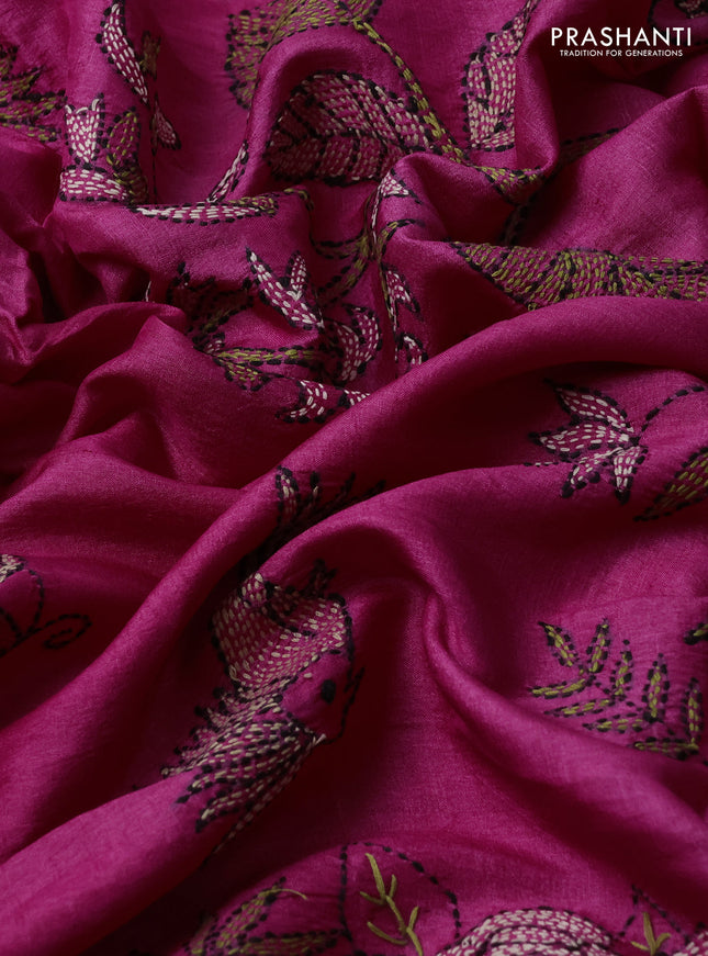 Pure tussar silk saree pink with kantha stitch work buttas and kantha stitch work border