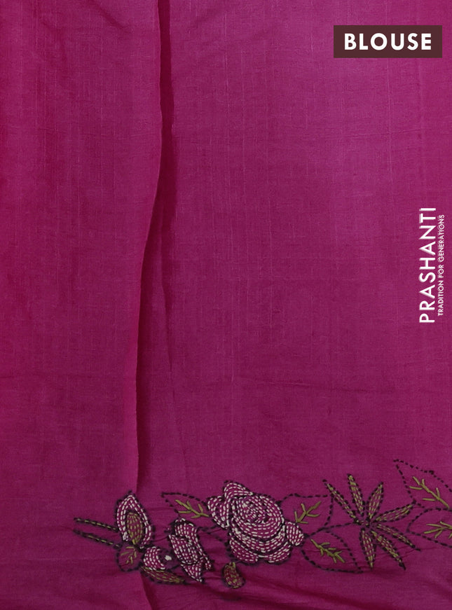 Pure tussar silk saree pink with kantha stitch work buttas and kantha stitch work border