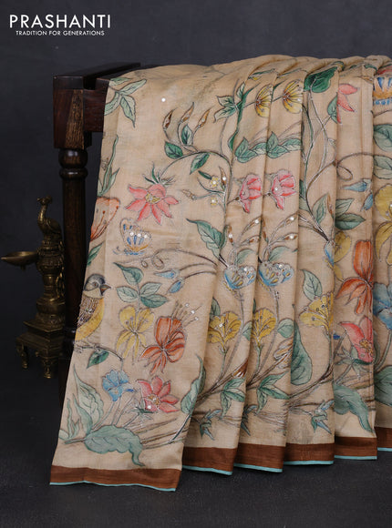 Pure tussar silk saree sandal and brown teal blue with prints & mirror embroidery work