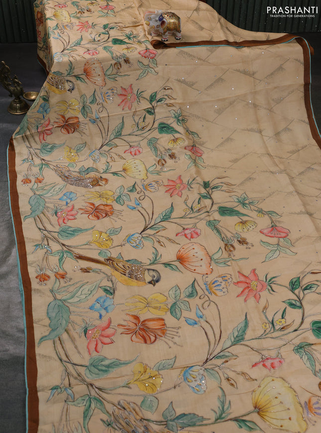 Pure tussar silk saree sandal and brown teal blue with prints & mirror embroidery work