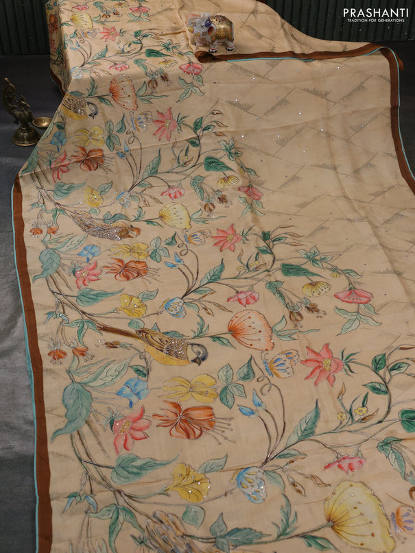 Pure tussar silk saree sandal and brown teal blue with prints & mirror embroidery work