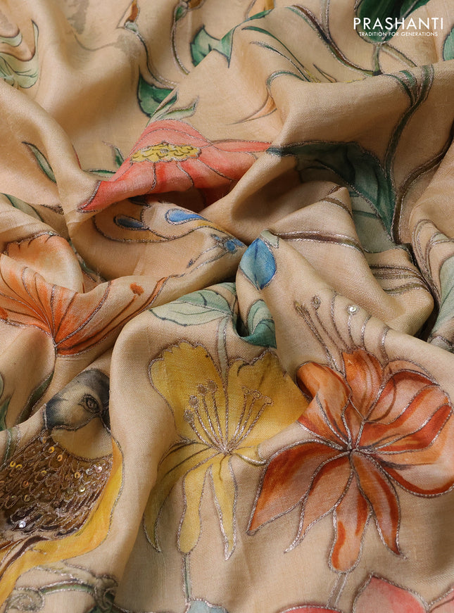 Pure tussar silk saree sandal and brown teal blue with prints & mirror embroidery work