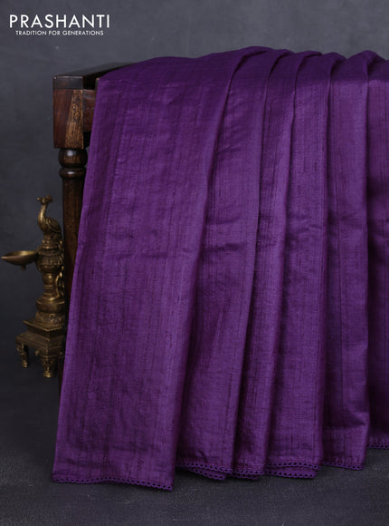 Pure tussar silk saree purple and beige with plain body and embroidered pallu