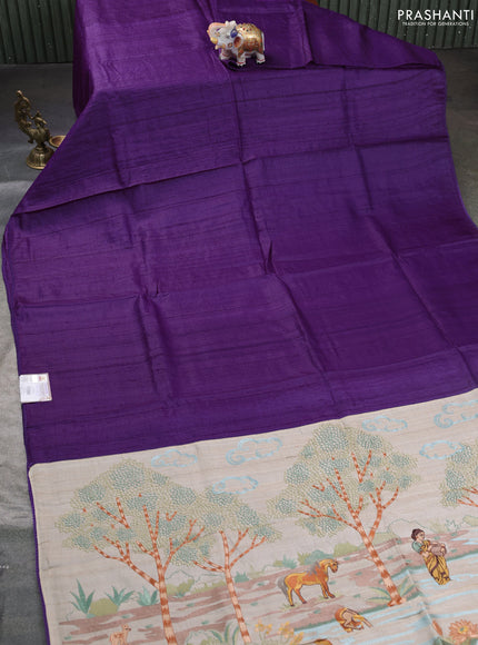 Pure tussar silk saree purple and beige with plain body and embroidered pallu