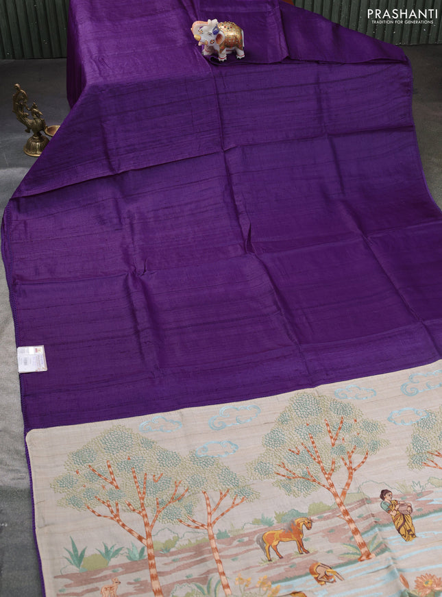 Pure tussar silk saree purple and beige with plain body and embroidered pallu