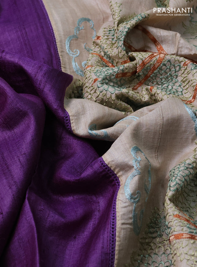 Pure tussar silk saree purple and beige with plain body and embroidered pallu