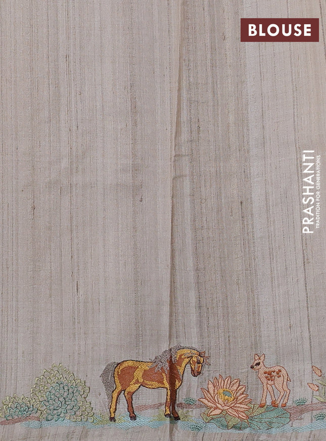 Pure tussar silk saree purple and beige with plain body and embroidered pallu