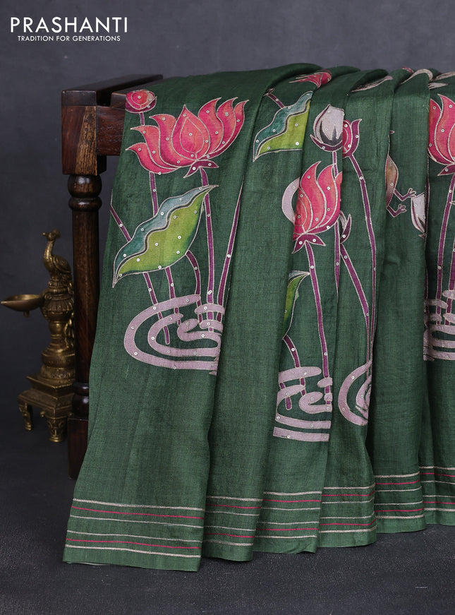 Pure tussar silk saree sap green with kalamkari prints & pita wok and embroidery work border