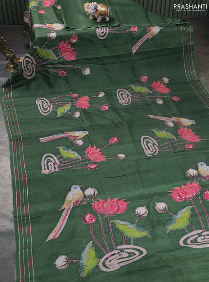 Pure tussar silk saree sap green with kalamkari prints & pita wok and embroidery work border