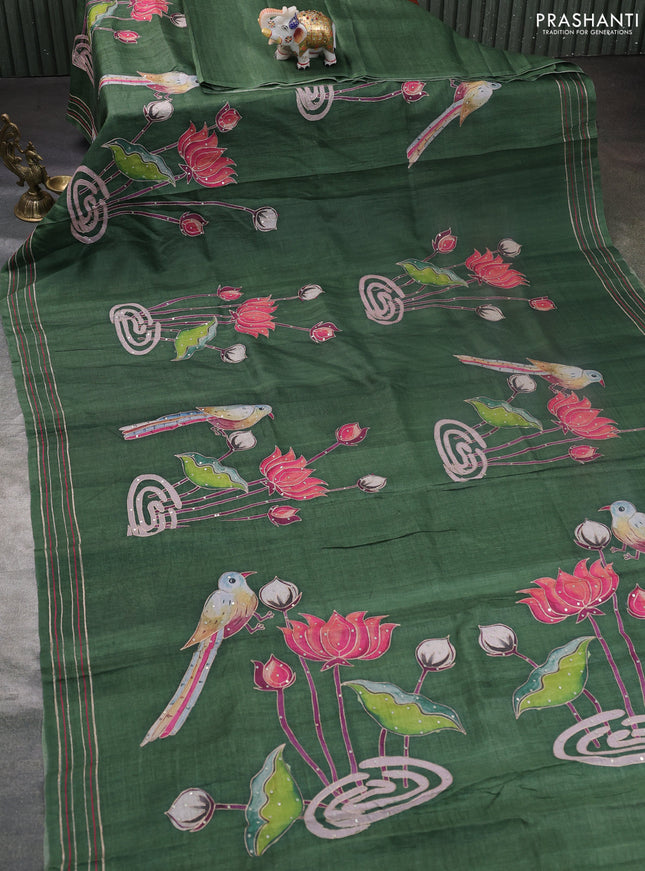 Pure tussar silk saree sap green with kalamkari prints & pita wok and embroidery work border