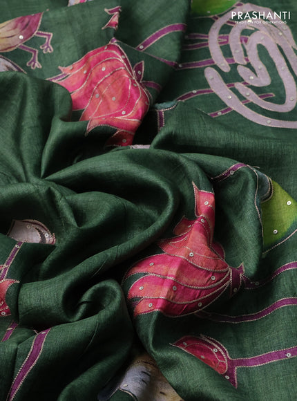 Pure tussar silk saree sap green with kalamkari prints & pita wok and embroidery work border