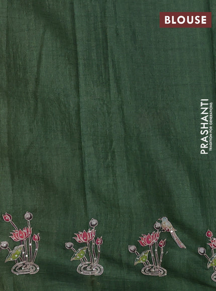 Pure tussar silk saree sap green with kalamkari prints & pita wok and embroidery work border