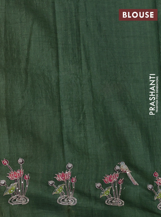Pure tussar silk saree sap green with kalamkari prints & pita wok and embroidery work border