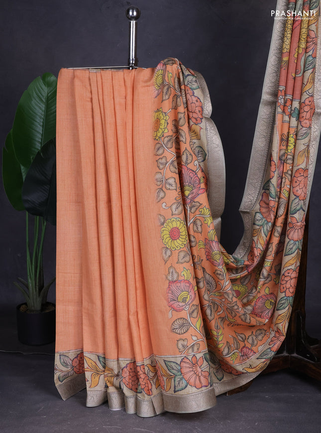 Linen tussar partly saree rust shade and pastel green beige with kalamkari prints and zari woven border