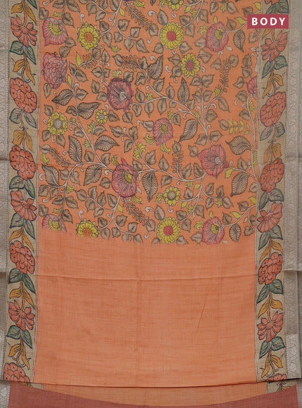 Linen tussar partly saree rust shade and pastel green beige with kalamkari prints and zari woven border