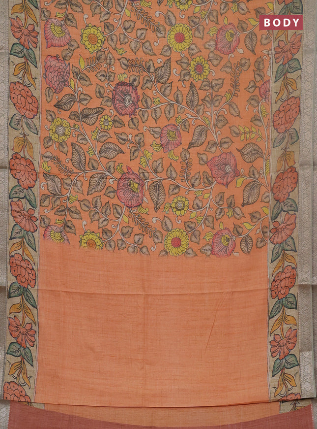 Linen tussar partly saree rust shade and pastel green beige with kalamkari prints and zari woven border