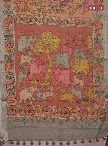 Linen tussar partly saree rust shade and pastel green beige with kalamkari prints and zari woven border