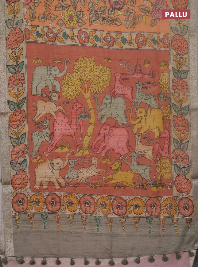Linen tussar partly saree rust shade and pastel green beige with kalamkari prints and zari woven border