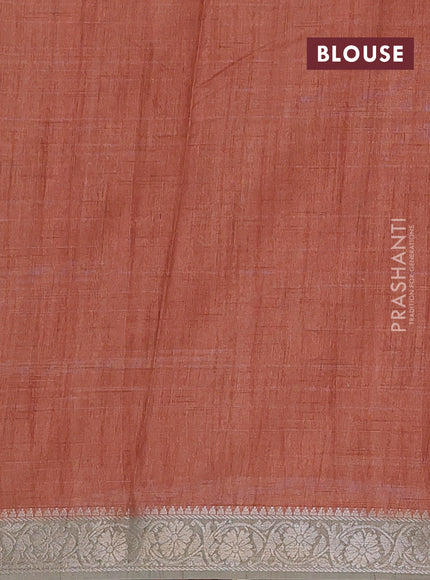 Linen tussar partly saree rust shade and pastel green beige with kalamkari prints and zari woven border