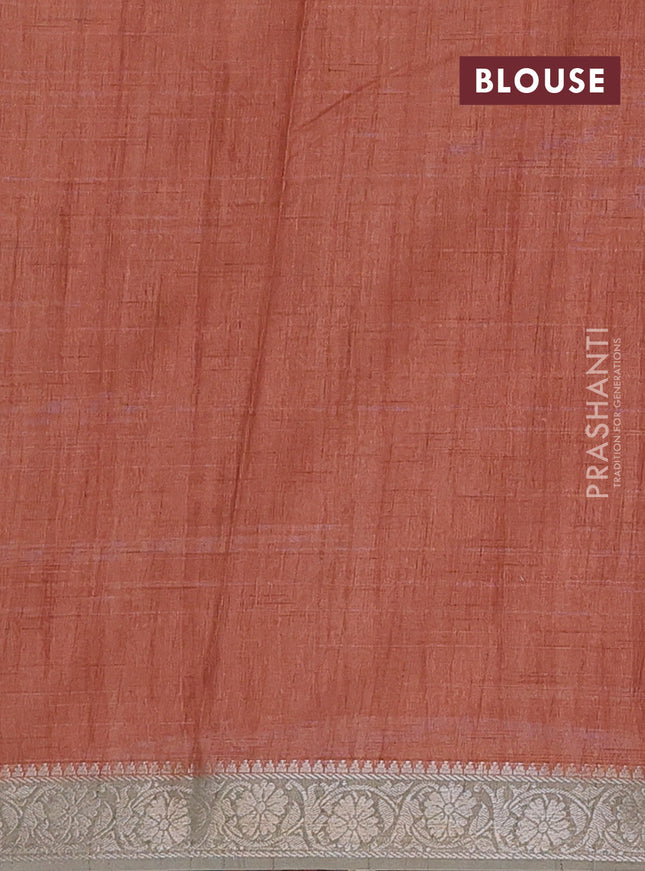 Linen tussar partly saree rust shade and pastel green beige with kalamkari prints and zari woven border