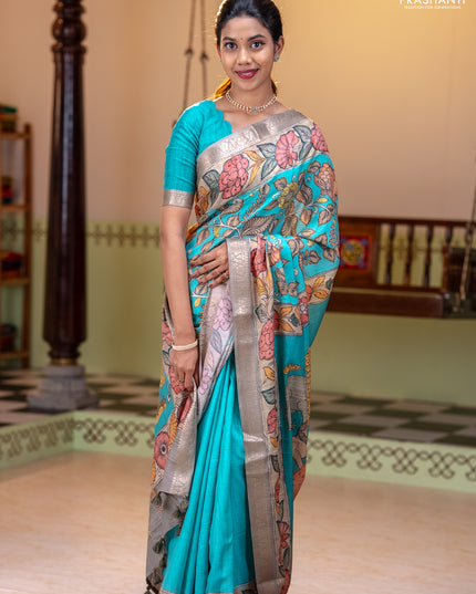 Linen tussar partly saree teal blue and pista green pastel green with kalamkari prints and zari woven border
