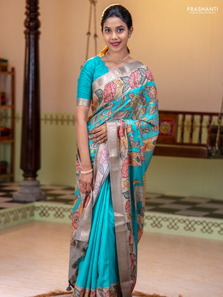 Linen tussar partly saree teal blue and pista green pastel green with kalamkari prints and zari woven border
