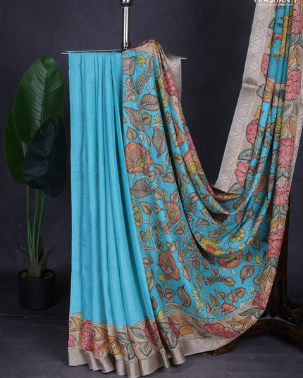 Linen tussar partly saree teal blue and pista green pastel green with kalamkari prints and zari woven border