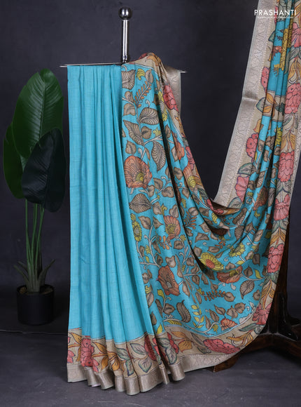 Linen tussar partly saree teal blue and pista green pastel green with kalamkari prints and zari woven border