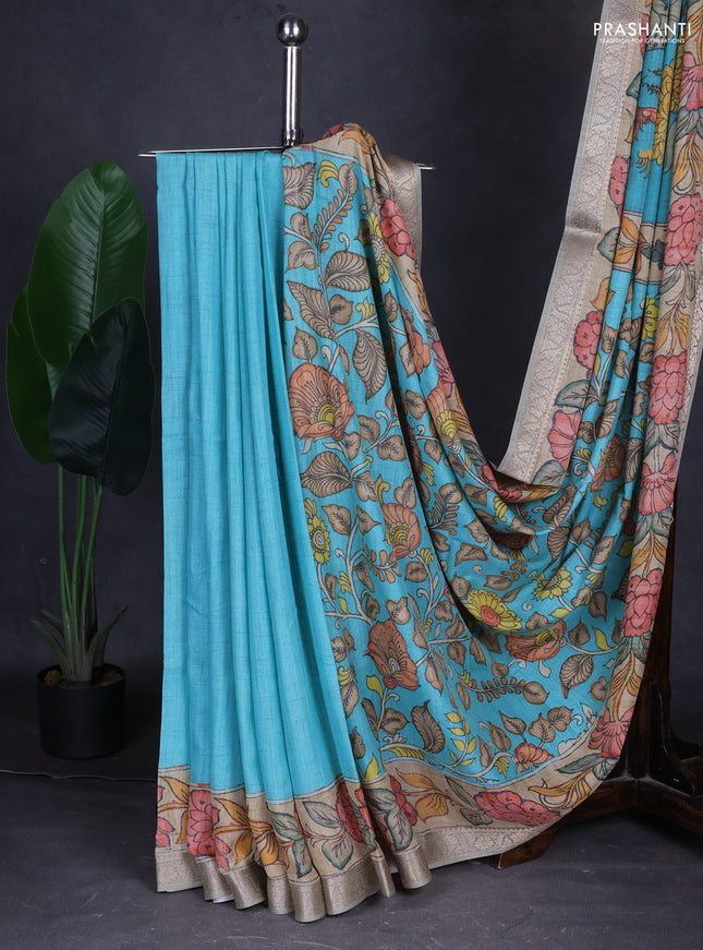 Linen tussar partly saree teal blue and pista green pastel green with kalamkari prints and zari woven border